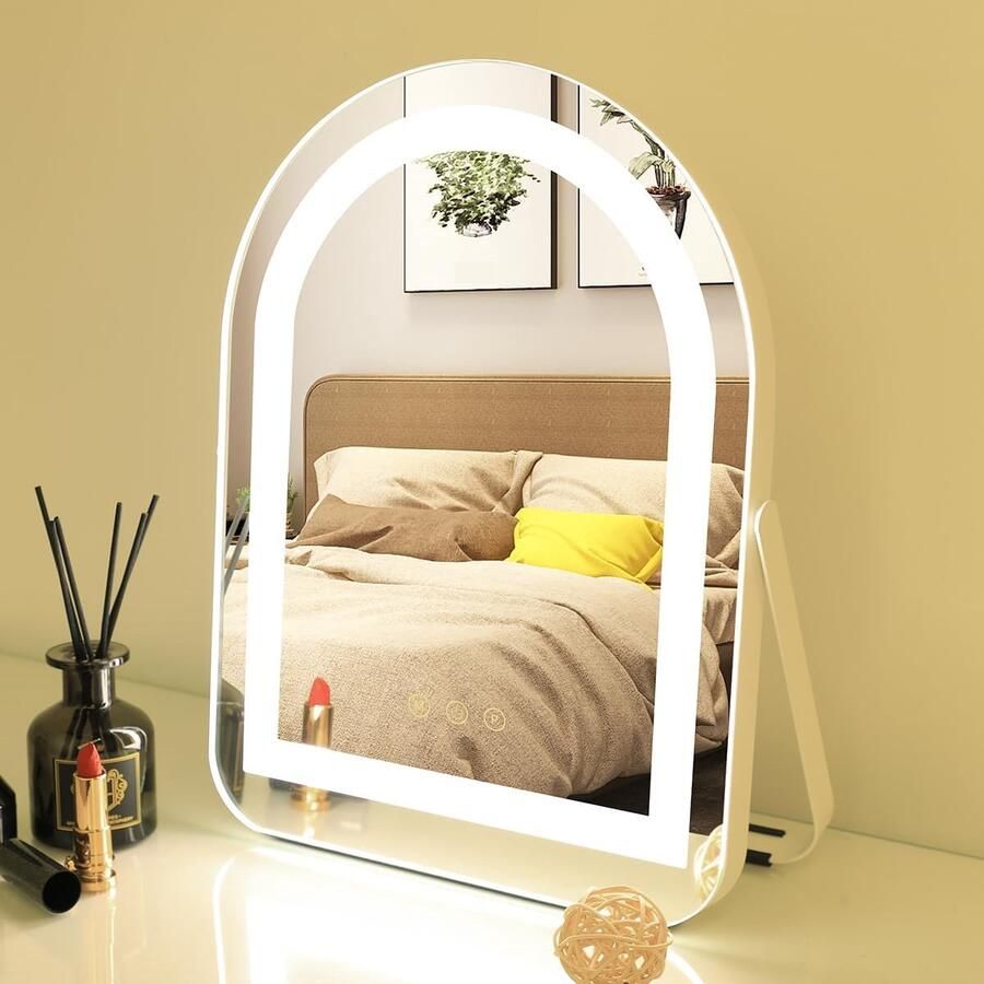 Make-upspiegel met ledverlichting Hollywood-verlichting 3 lichtkleuren tafelspiegel met touch-bediening grote make-upspiegel voor make-up 40 x 30 cm