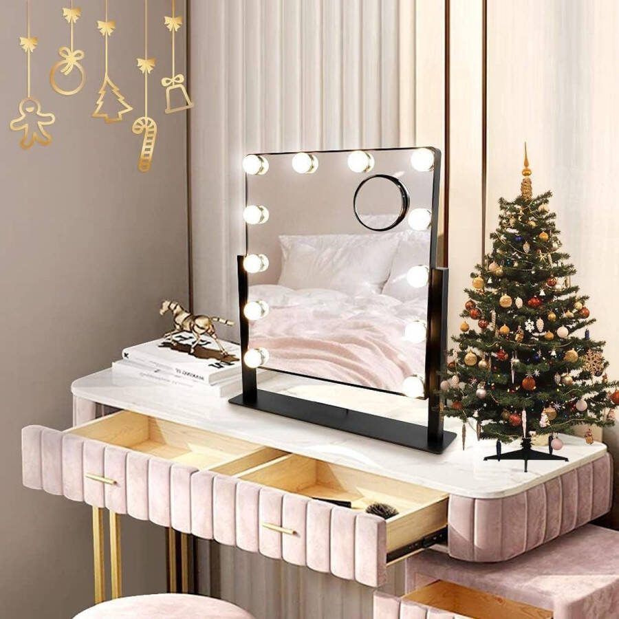 Make-upspiegel met verlichting dimbaar 360 graden draaibaar Hollywood stijl slaapkamer kaptafel 12 ledlampen 3 kleurtemperaturen 40 x 47 cm glamour makeup mirror