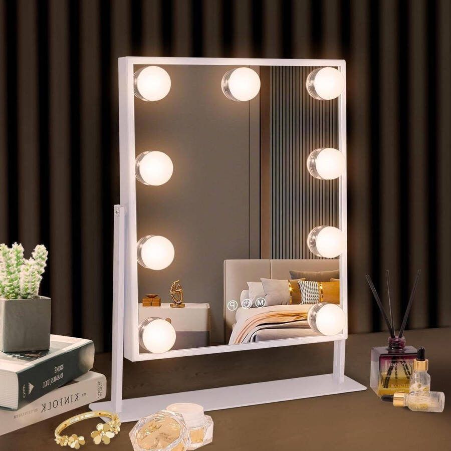 Make-upspiegel met verlichting draadloos oplaadstation Hollywood spiegel 3 kleuren licht 9 dimbare led lampen 360 graden rotatie make-up spiegel