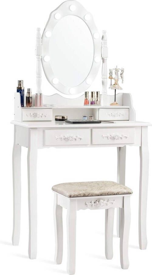 Make-uptafel met ledverlichting kaptafel met kruk kaptafel met 4 laden als bureau met afneembaar bovendeel 360° draaibare spiegel van hout in retrostijl (wit)