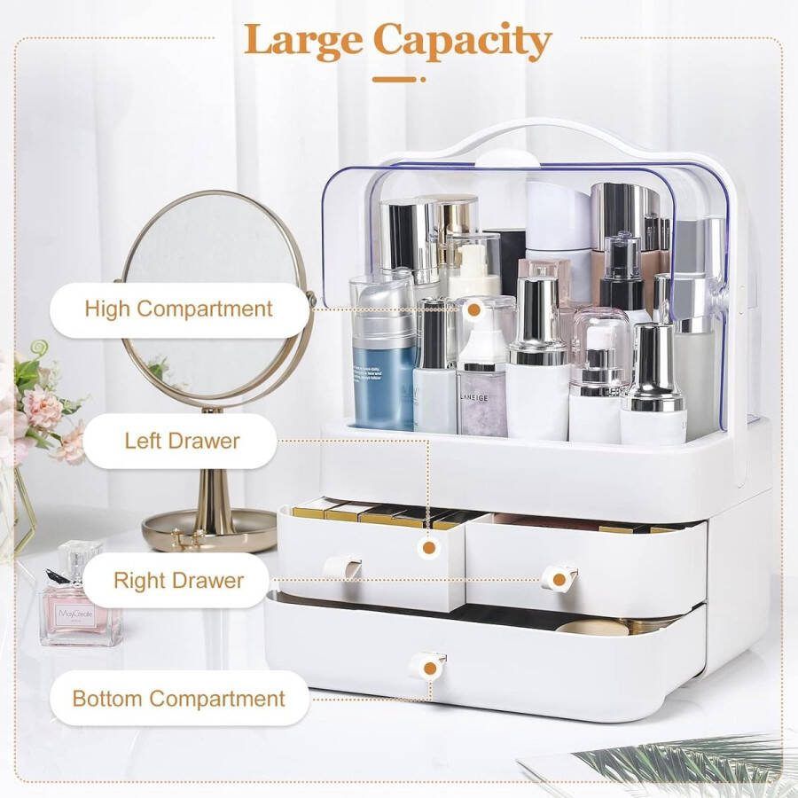 Make-uptafel-organizer beauty-organizer cosmeticabox stofdicht met deksel draaggreep cosmetica-organizer slaapkamer badkamer wit