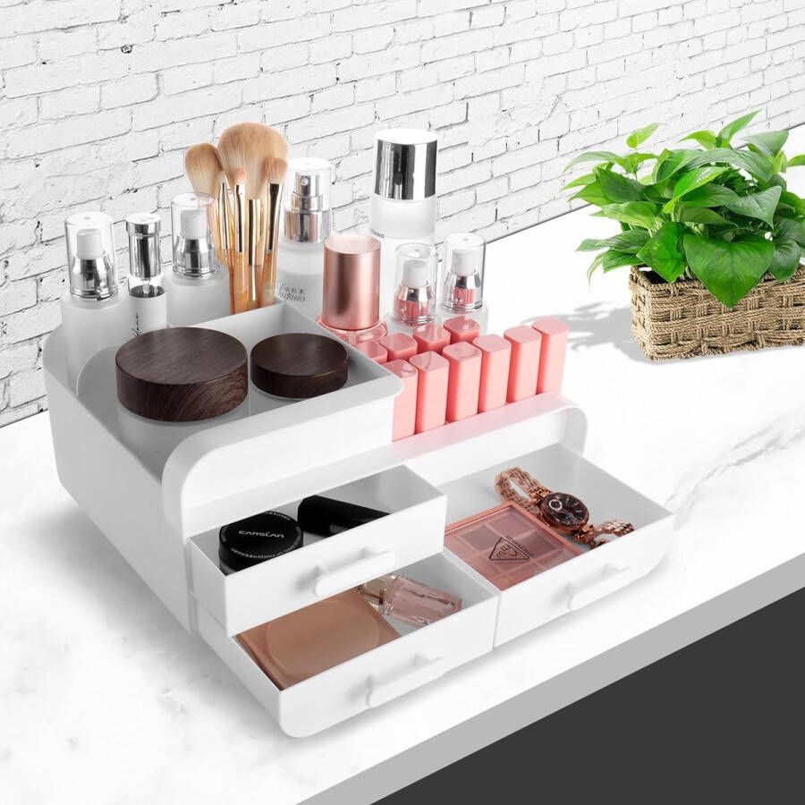 Make-uptafel-organizer cosmetica-organizer beauty-organizer met vakken en 3 schuifladen voor nagellak parfumkwast of andere cosmetica en huidverzorgingsen en accessoires