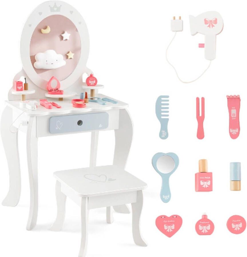 Make-uptafel voor kinderen 2-in-1 kaptafel van hout met kruk afneembare spiegel laden en accessoires make-upcommode prinses voor kinderen vanaf 3 jaar