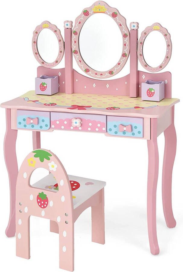 Make-uptafel voor kinderen prinsessentafel met inklapbare spiegel make-upkruk en 3 schuifladen make-uptafel kaptafel voor kinderen meisjes (roze)