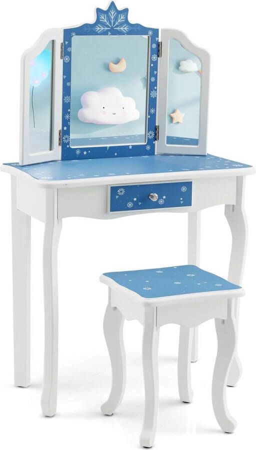 Make-uptafelset voor kinderen kaptafel met drievoudig inklapbare spiegel lade en kruk 2-in-1 make-uptafel en bureau met afneembare plaat make-upcommode voor meisjes (blauw + wit)