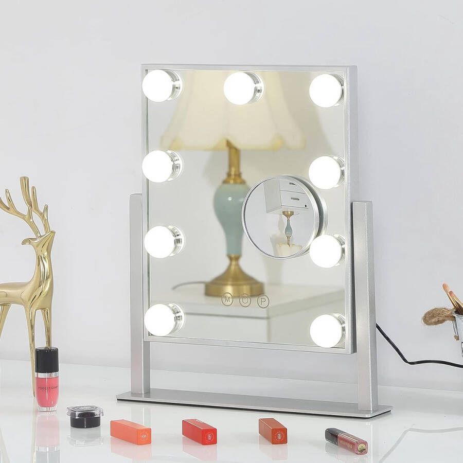 Makeup Mirror with Lights Hollywood Mirror with 9 LED Bulbs & 3 Colors Light 360 Degree Rotation Large Illuminated Makeup Mirror for Dressing Room and Bedroom Silver