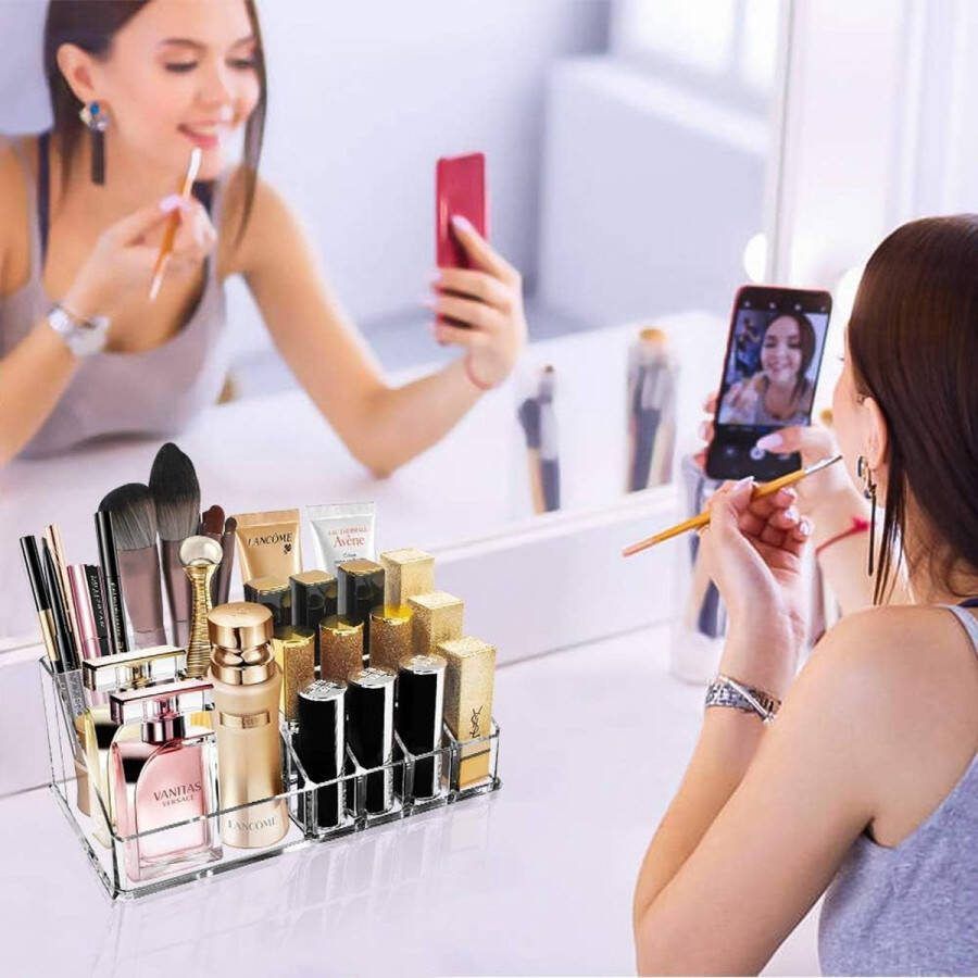 Makeup Organizer Cosmetische Vitrine met 16 Secties voor Lippenstift Makeup Kwast Eyeliner Nagelgels Parfum Acryl Cosmetische Opbergdoos voor Badkamer Aanrecht Kaptafel (Doorzichtig)