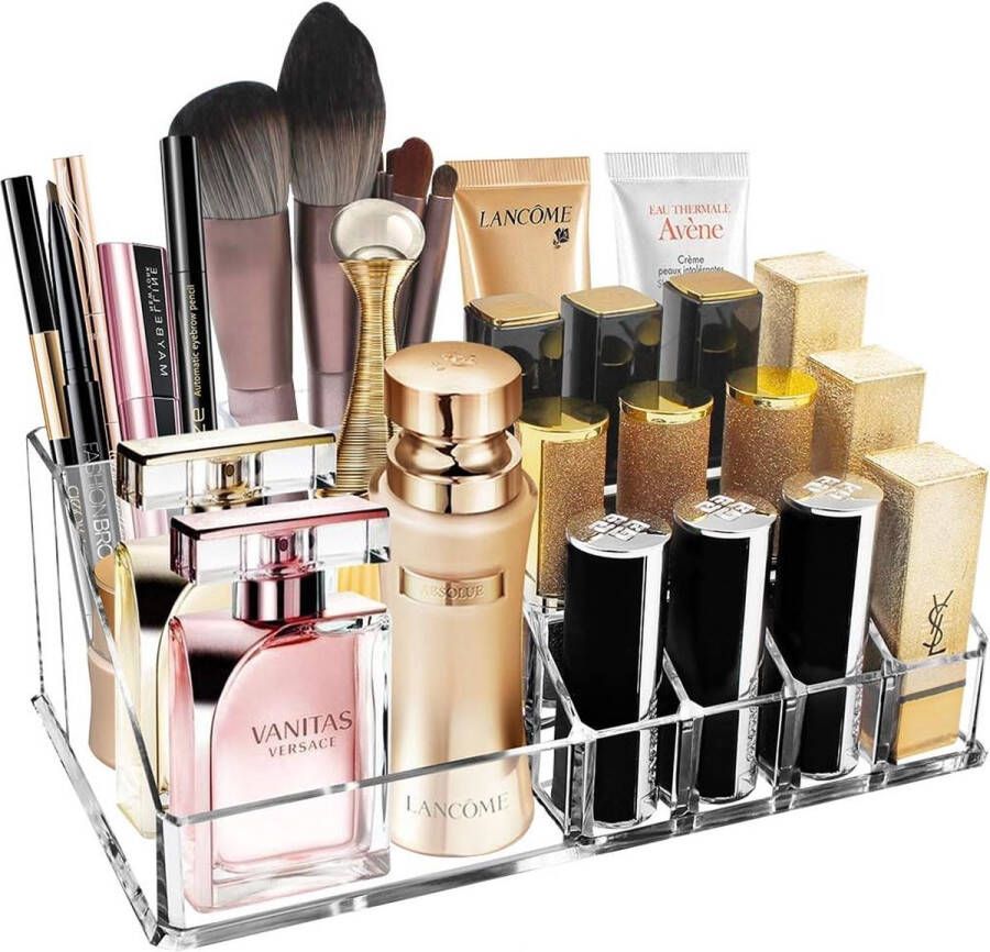 Makeup Organizer Cosmetische Vitrine met 16 Secties voor Lippenstift Makeup Kwast Eyeliner Nagelgels Parfum Acryl Cosmetische Opbergdoos voor Badkamer Aanrecht Kaptafel (Doorzichtig)