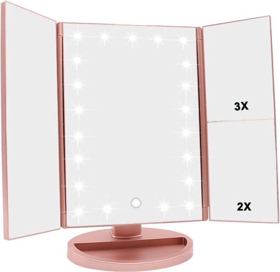 Makeup Spiegel met 21 LED lampen Dual Power Supply 2X 3X Vergrotende LED (Rose Goud)