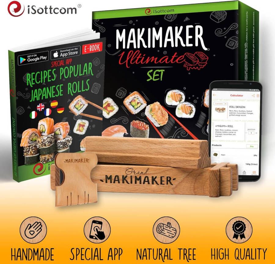 Maki Maker Ultimate Set Japanse Sushi Maak Set Mengkommen voor Soja Dipsaus Eetstokjes met Houder Rolmat Mobiele App Handgemaakte Houten Constructie Geleverd met Geschenkverpakking