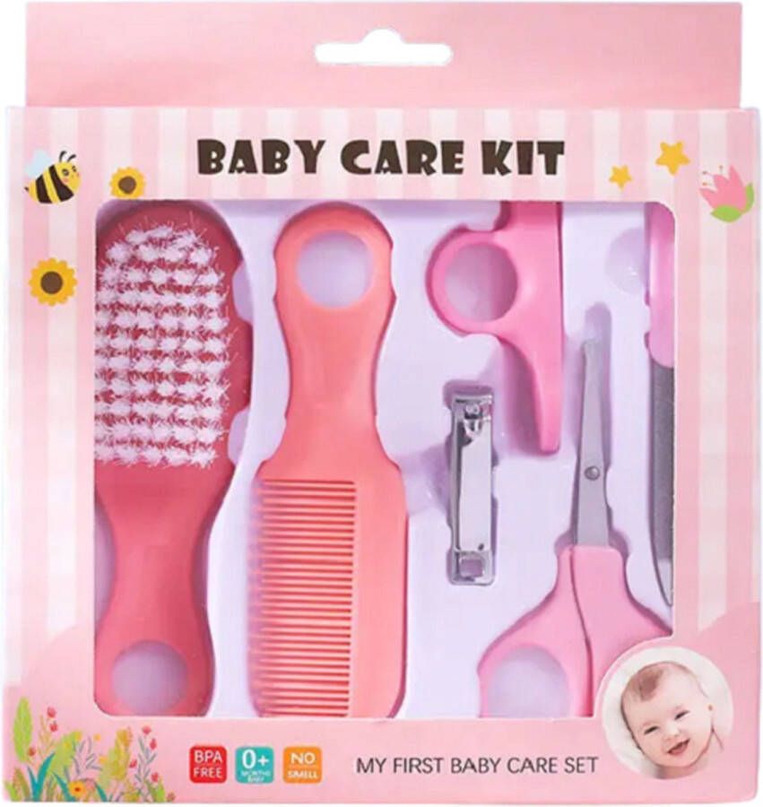 Mako Baby Verzorgingsset Roze 6-delig Baby Borstel Baby Nagelvijl Baby Nagelknipper Baby Kam Baby Manicureset Baby Verzorgingstas