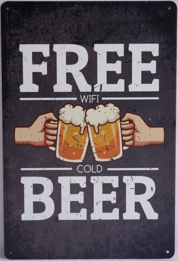 Mancave Decoratie Wanddecoratie Metaalbord Free wifi cold beer Wandborden 30x20cm