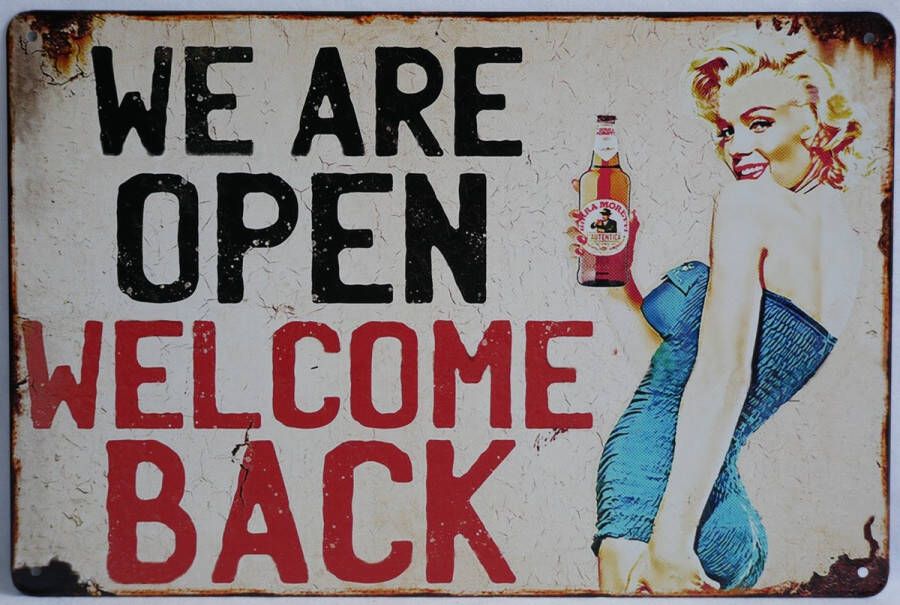 Mancave Decoratie Wanddecoratie Metaalbord We are open welcome back Wandborden 30x20cm