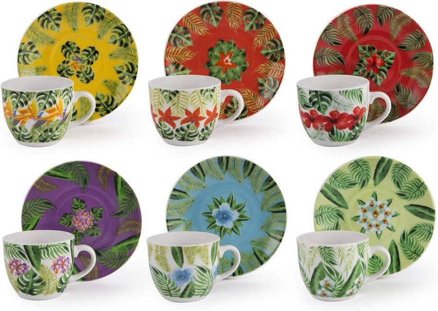 Mandala Tropische Set van 6 Koffiekoppen met Schotel Veelkleurig Porselein Cl.90 koffiekopjes set van 6