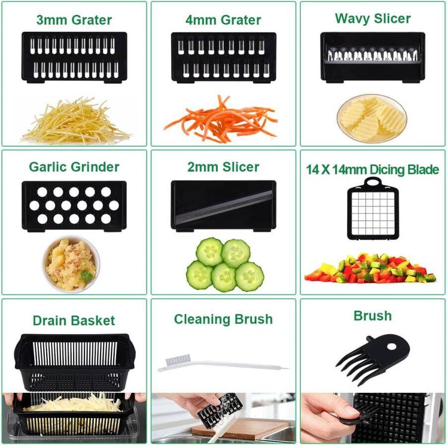 Mandoline Groentehakselaar met container multifunctionele hakmolen met 6 verwisselbare messen uienhakselaar aardappelsnijder saladehakper mandolinesnijder voor keuken
