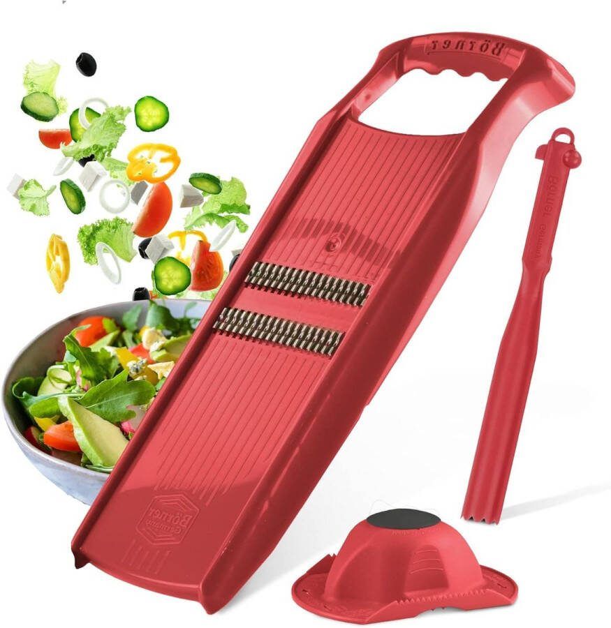 Mandoline groentesnijder cadeauset rood 3-delig fijne strepensnijder groenten fruit fruithouder combischiller keukenschaafset