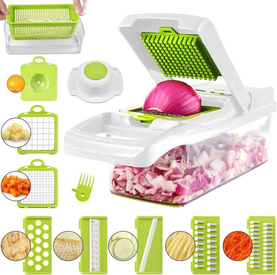 Mandoline Snijmachine 12 in 1 Multifunctionele Keuken Groentesnijder met Eierscheider en Handbeschermer 7 Vervangbare Roestvrijstalen Rasp voor Wafel Julienne Snijden Fruit Groenten Waterspeelmat Limoen. Groentesnijder