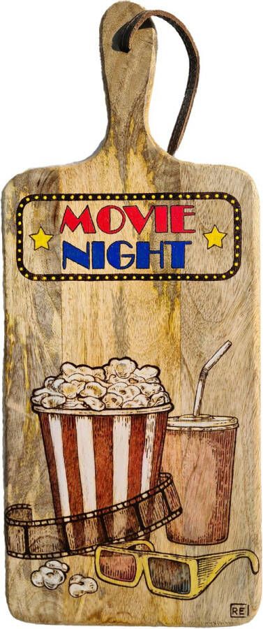 Mangohouten serveerplank voor gezellige filmavond movie night brandschildering in combinatie met kleur. 35x20 cm 47 inclusief handvat. Serveerplank tapasplank borrelplank