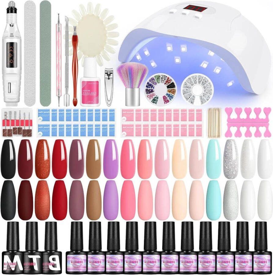 Manicure Kit Elektrische Nagelvijl 36W Nail Gel UV Lamp 16 Kleuren Gel Nagellak met Basis en Top Coat Nail Art Beginners Nagellak Kit