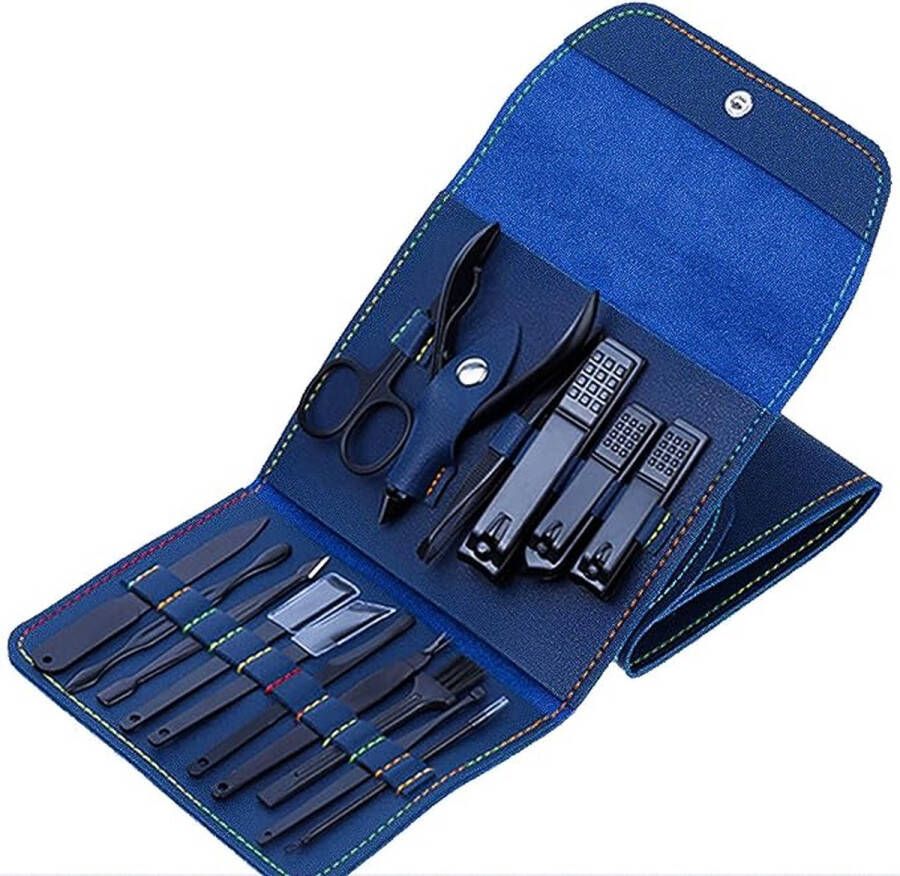 Manicure set 16-delige nagelset pedicure nagelknipper set roestvrij staal verzorgingstools met blauwe PU-lederen tas professionele handverzorgingsset voor dames en heren blauw