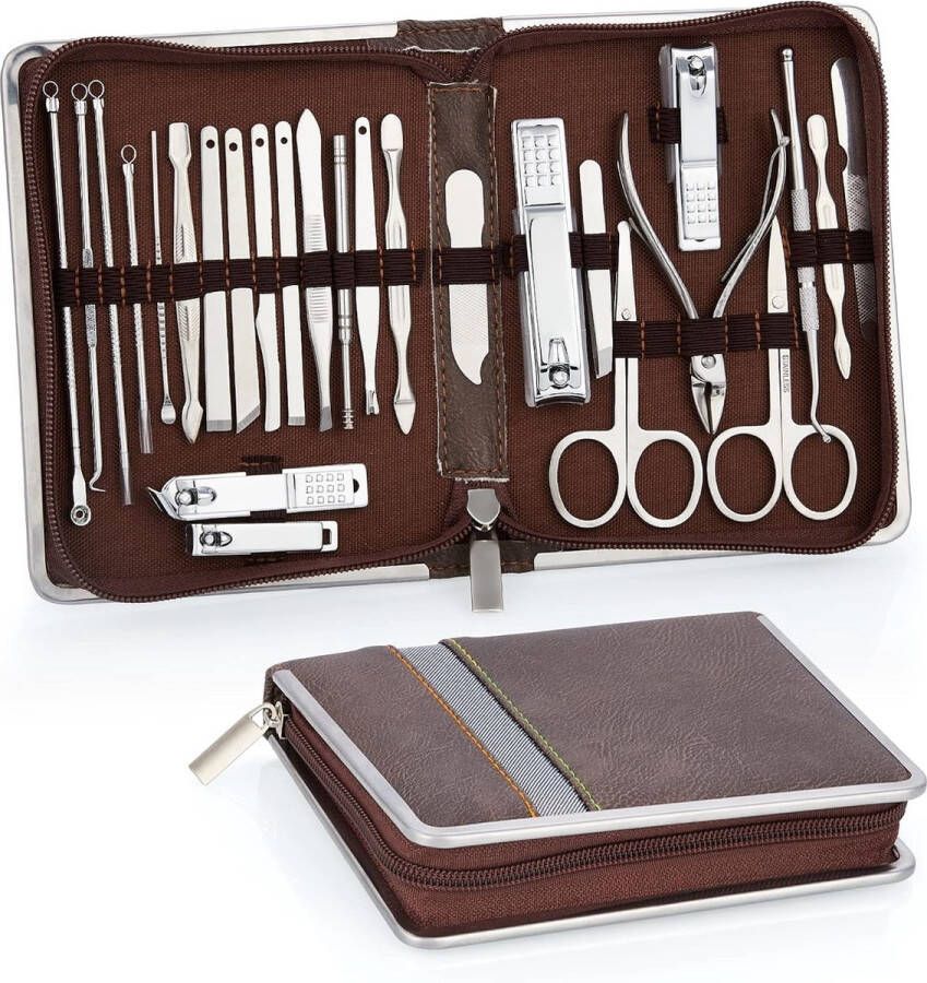 Manicure set 26-delige professionele nagelknipper set roestvrij staal gereedschap voor manicure en pedicure nagelriemreiniging geavanceerd ontwerp met ritssluiting bruin