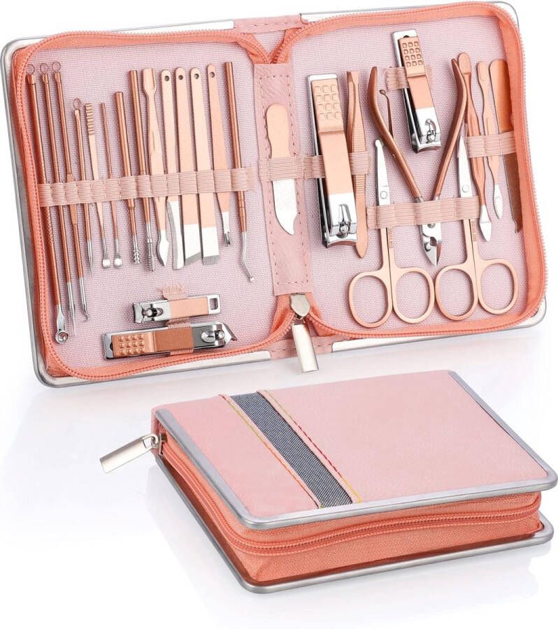 Manicure set 26-delige professionele nagelknipper set roestvrij staal nagelset gereedschap voor manicure en pedicure nagelriemreiniging geavanceerd ontwerp met ritssluiting roze