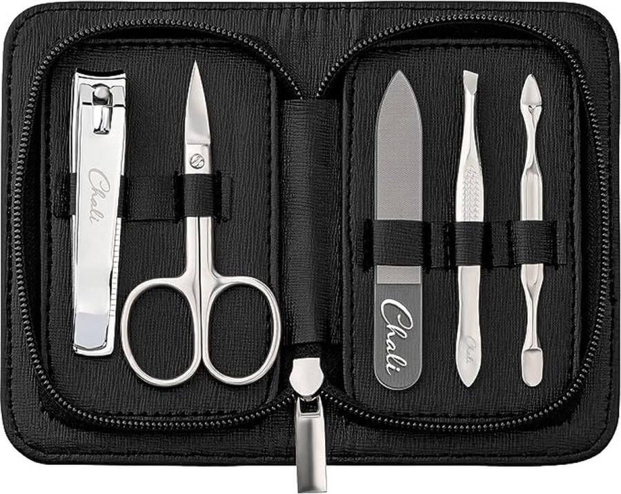 Manicure Set 5-delig Nagelset Roestvrij Staal voor Dames en Heren met Etui Nagelschaar Nagelknipper Glazen nagelvijl Nagelriem duwer Pincet