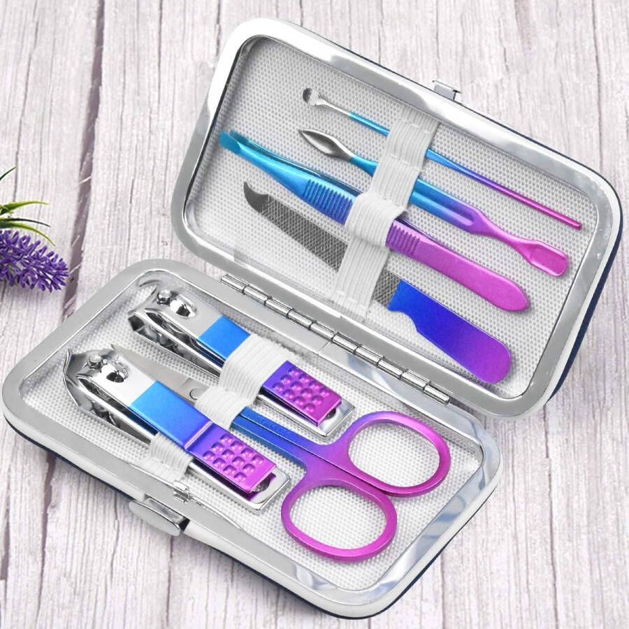 Manicure Set 7 stuks verzorgingsset pedicure kit van roestvrij staal iriserend professionele mode nagelknipper set nagelriemverwijderaar verzorging teennagelknipper voor dames en heren met reistas