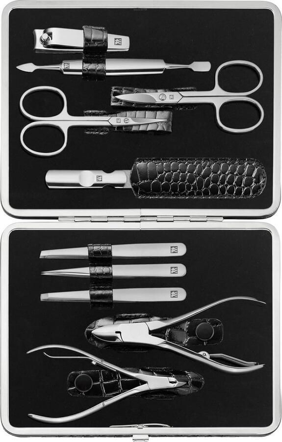 Manicure set Manicureset 10-delig vingernagels teennagels echt lederen etui metalen frame gepolijst roestvrij staal krokodilleneditie zwart