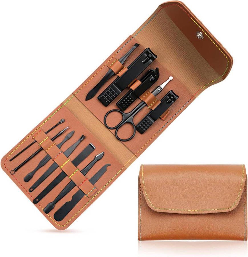 Manicure set Manicureset 12-delig nagelschaar roestvrij staal PU lederen tas draagbaar reis nagelverzorging dames heren zwart