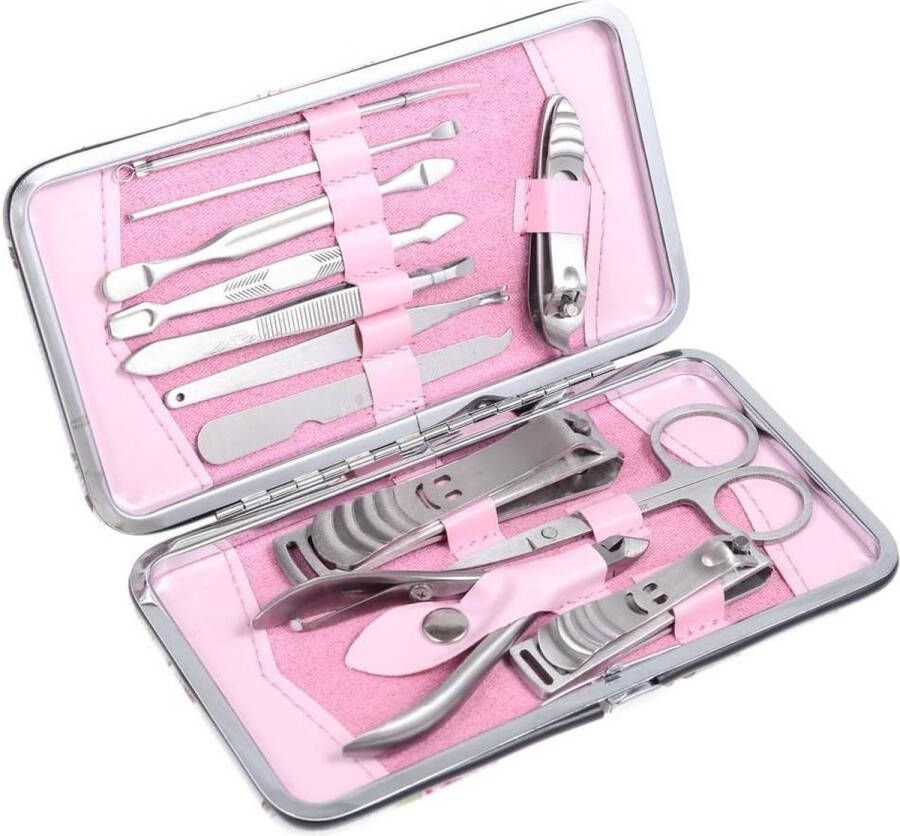 Manicure set Manicureset 12 stuks RVS manicure pedicure set nagelschaar nagelknipper roze case