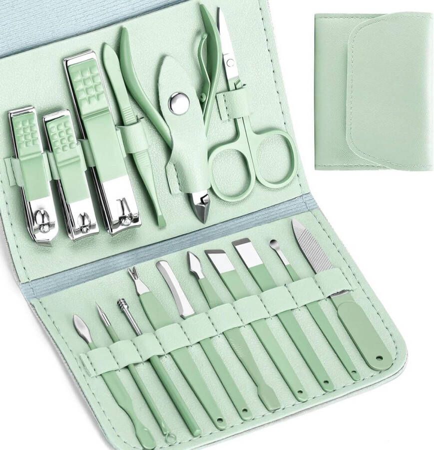 Manicure set Manicureset 16-in-1 professionele roestvrijstalen nagelriemtrimmer verzorgingsset voor mannen en vrouwen opbergtas reiskoffer groen