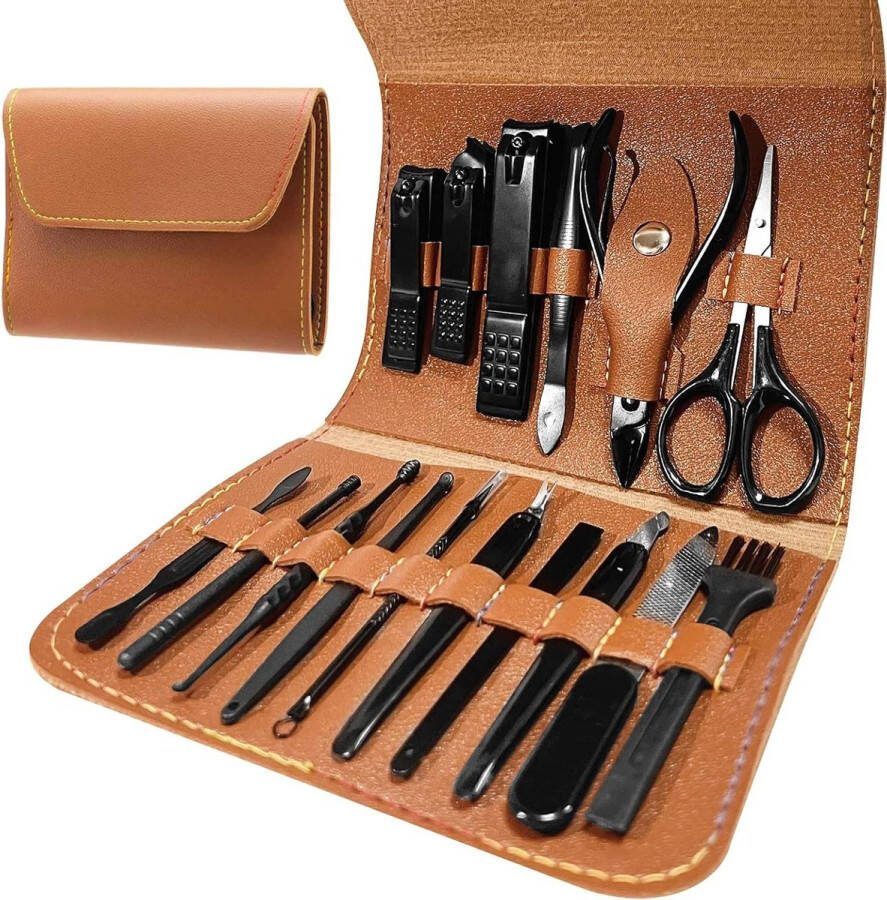 Manicure set Manicureset 16 stuks professionele nagelknipset pedicure nagelriemsnijder nagelverzorgingsset van roestvrij staal voor vrouwen en mannen bruin