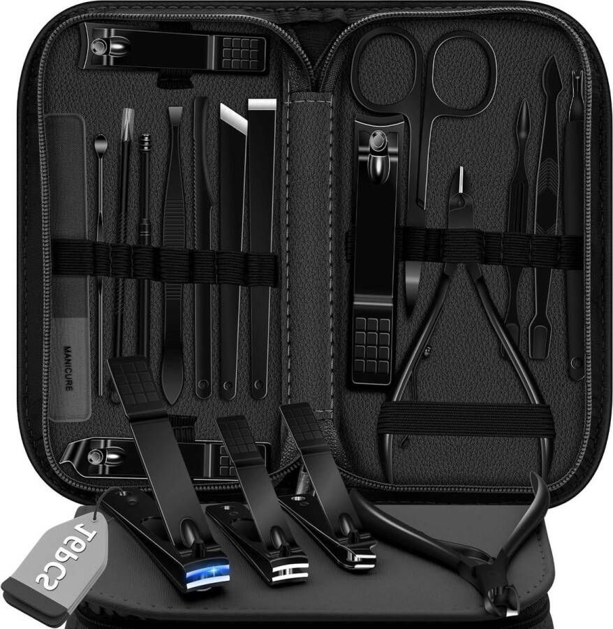 Manicure set Manicureset 16 Stuks Roestvrijstalen Nagelknipperset Professionele Nagelverzorgingsset Met Draagbaar Reisetui Van Leer Voor Mannen Vrouwen Zwart