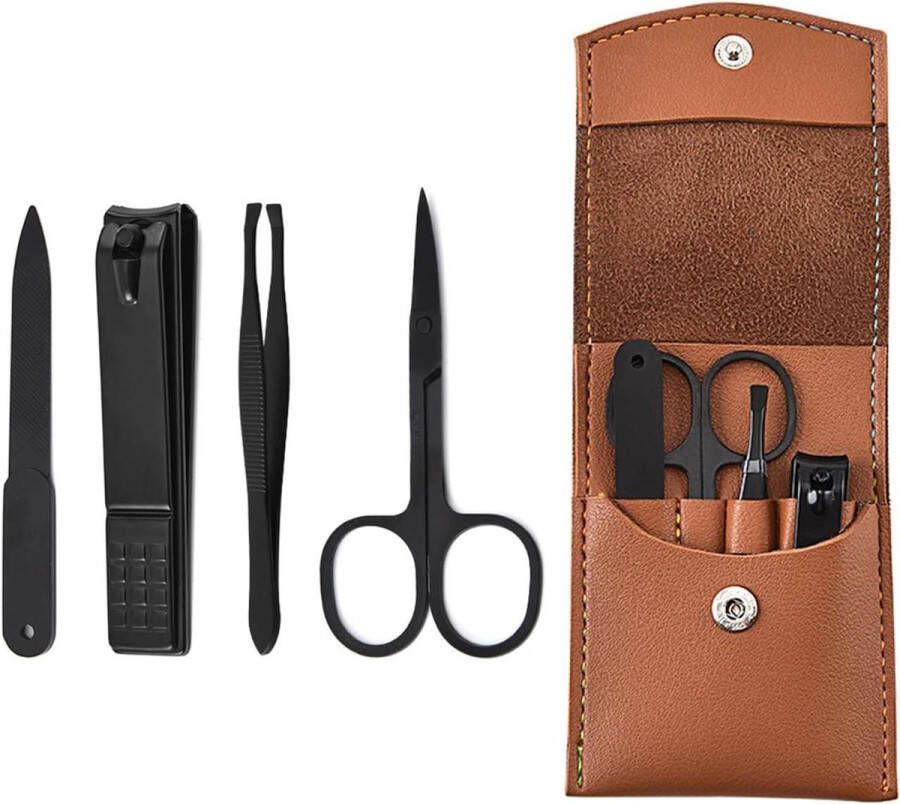 Manicure set Manicureset 4-delig nagelschaar-wenkbrauwklem-cosmeticaschaar-nagelvijl-nagelverzorgingsset in leren etui-nagelset voor voeten of vingernagels voor dames en heren