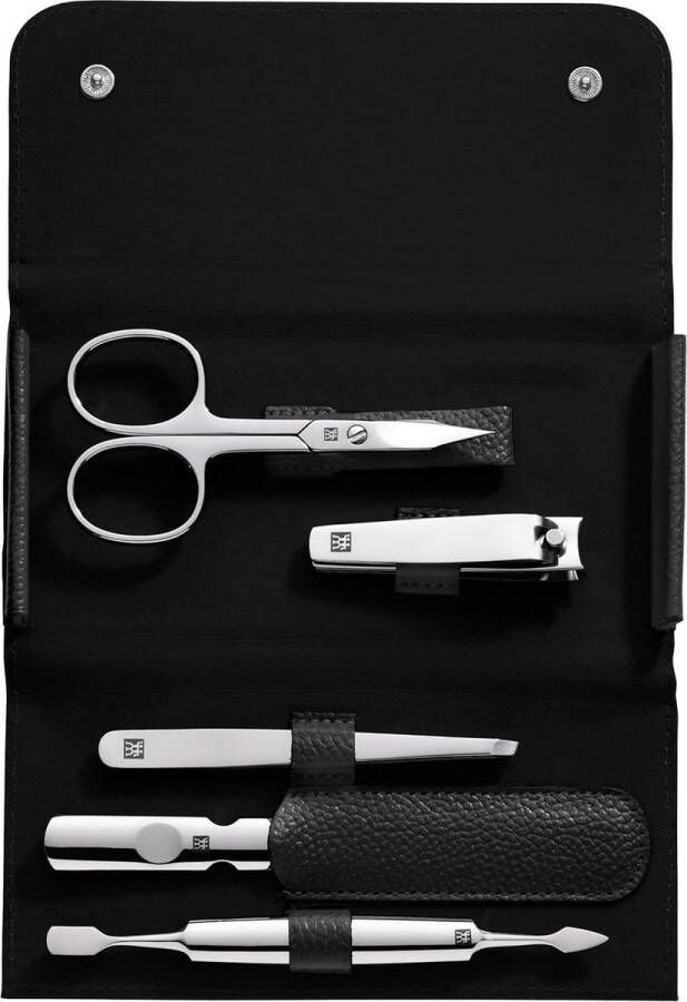 Manicure set Manicureset 5-delig pedicureset in reisformaat met nagelknipper echt lederen etui gepolijst roestvrij staal zwart