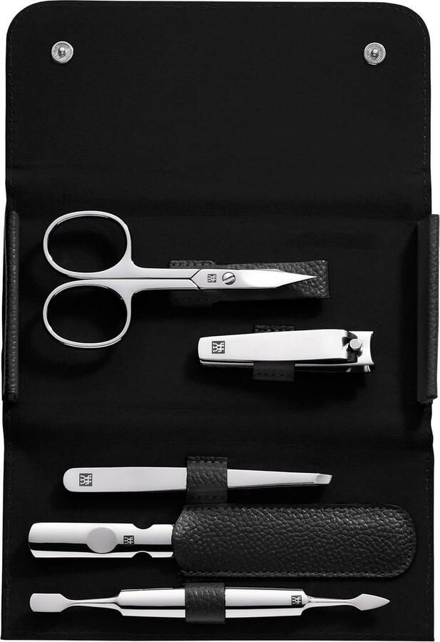 Manicure set Manicureset 5-delig pedicureset in reisformaat met nagelknipper echt lederen etui gepolijst roestvrij staal zwart