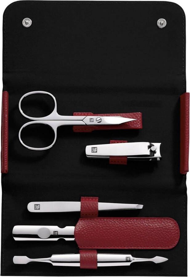 Manicure set Manicureset 5-delig pedicureset op reisformaat met nagelknipper etui van echt leer gepolijst roestvrij staal rood