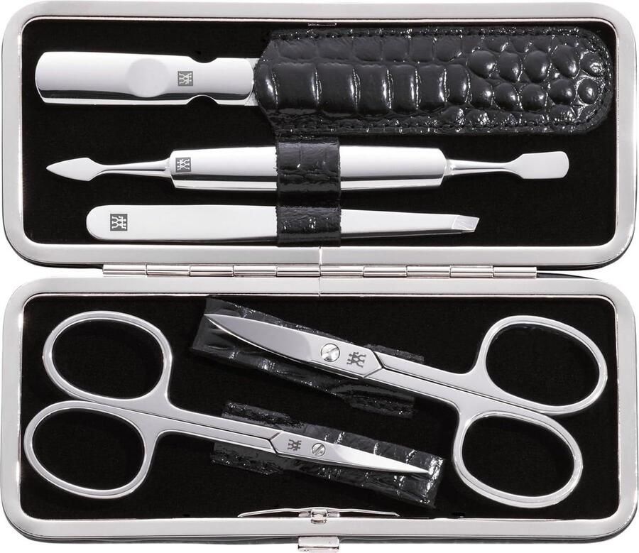 Manicure set Manicureset 5-delig voor nagel- en teennagelverzorging echt lederen etui met metalen frame gepolijst roestvrij staal krokodilleneditie zwart