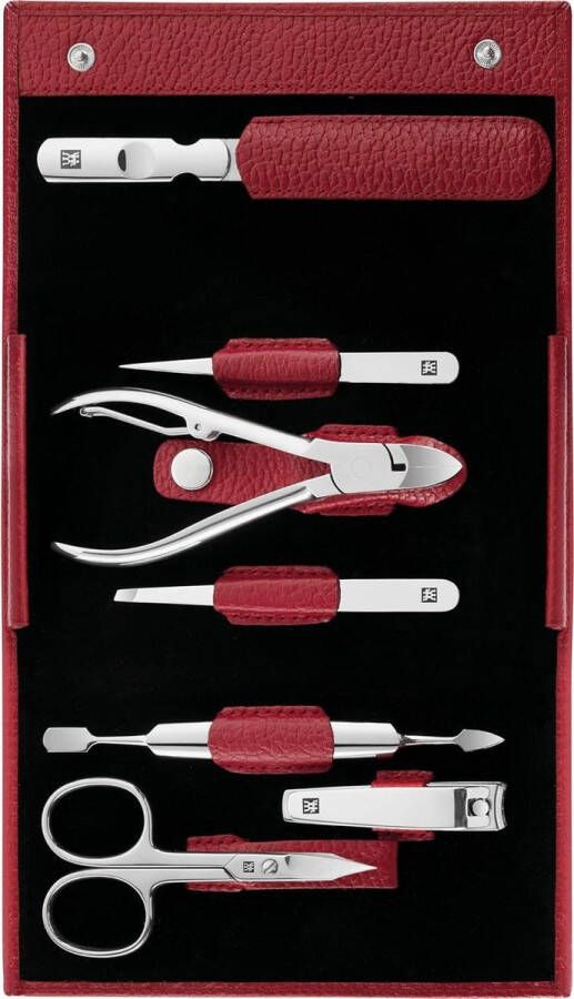 Manicure set Manicureset 7-delig pedicureset reisetui nagelverzorging echt leer gepolijst roestvrij staal rood