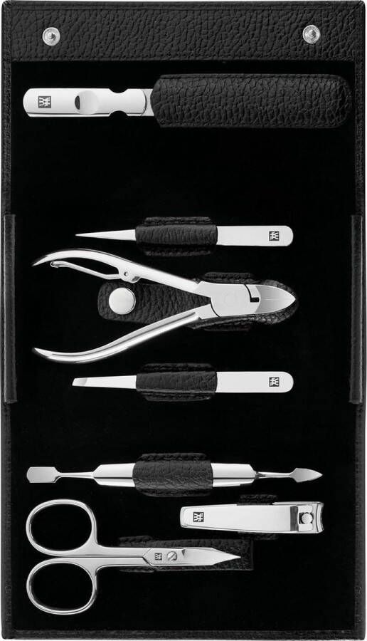 Manicure set Manicureset 7-delig pedicureset zwart gepolijst roestvrij staal echt leerreisetui nagelverzorging