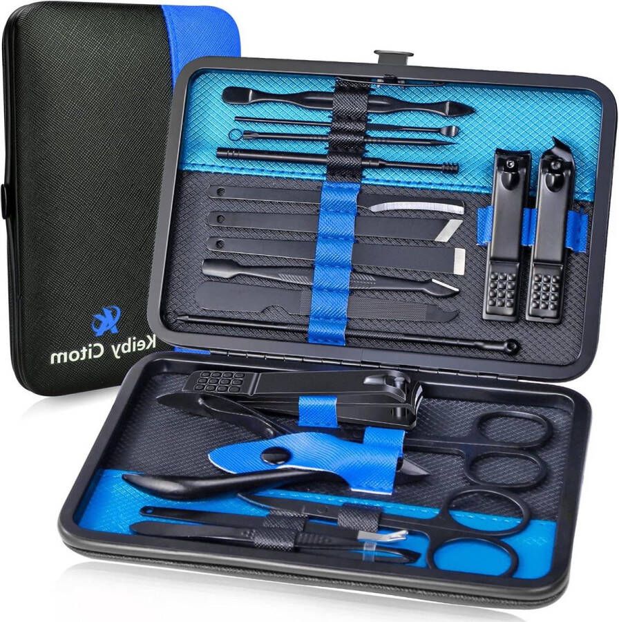 Manicure set Manicureset Professioneel Roestvrij Staal 18 stuks Nagelverzorging Kit met Case Reizen Zwart Blauw