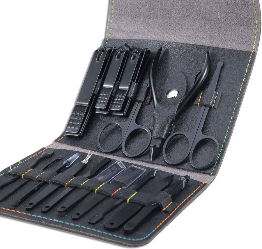 Manicure set Manicureset Professionele Pedicure Kit Nagelverzorging Gereedschap 16-in-1 RVS Nagelknipper Verzorgingsset met Luxe Lederen Reistas Zwart