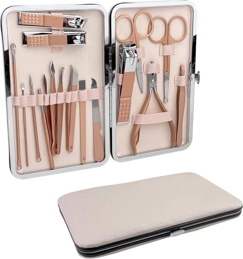 Manicure set Manicureset roestvrij staal-18-delig-roségoud-professioneel-nagelknipperset-beige doos-leer-dames-heren-reizen-thuis