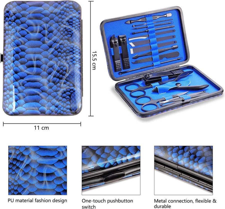 Manicure Set Nagelknipper Kit 18 stks Professionele Pedicure Care Roestvrij Staal Gereedschap Mannen Vrouwen Grooming Kit Met PU Lederen Case voor Reizen of Thuis (Blauw)