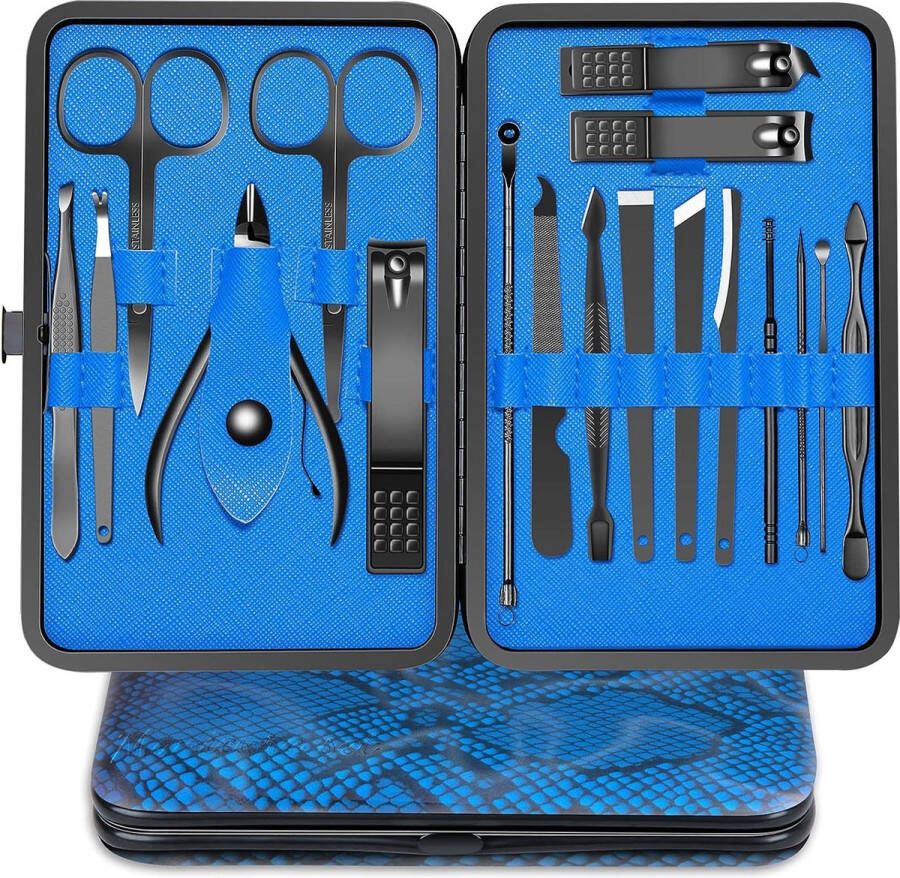 Manicure Set Nagelknipper Kit 18 stks Professionele Pedicure Care Roestvrij Staal Gereedschap Mannen Vrouwen Grooming Kit Met PU Lederen Case voor Reizen of Thuis (Blauw)