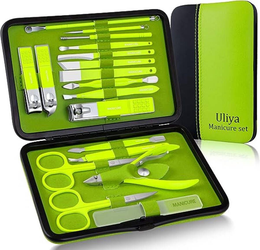 Manicure Set Nagelknipper Kit 18 Stks Professionele Pedicure Set Scherp en Duurzaam Roestvrij Staal Nagelverzorging Gereedschap voor Mannen Vrouwen Met Luxe Travel Case (Geel)