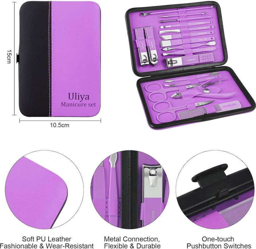 Manicure Set Nagelknipper Kit 18 Stuks Professionele Pedicure Set Scherp en Duurzaam Roestvrij Staal Nagelverzorging Gereedschap voor Mannen Vrouwen Met Luxe Reistas (Violet)