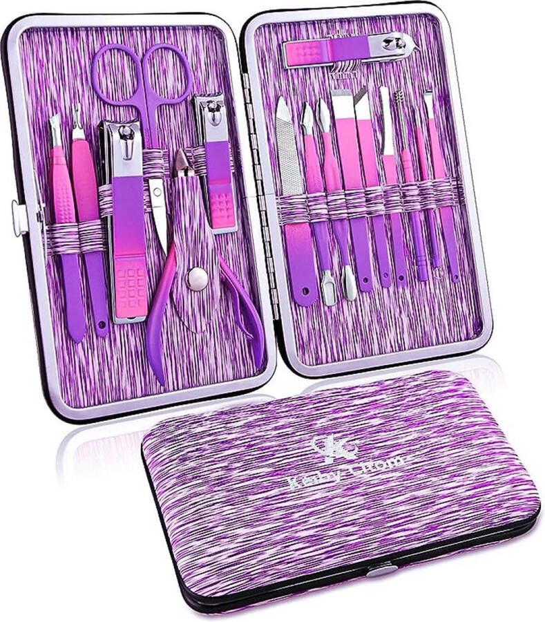 Manicure Set Professionele Nagelknipper Kit -16 Stuks Pedicure Care Tools Roestvrij Staal Vrouwen Grooming Kit voor Reizen of Thuis (Paars)