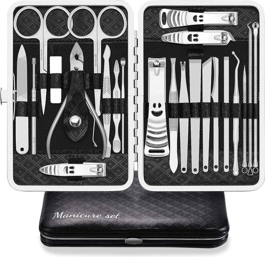 Manicure set professionele nagelknipper kit pedicure care tools 23 stuks roestvrij stalen verzorgingsgereedschappen met zwart PU-lederen hoes voor reizen of thuis (zwart zilver)